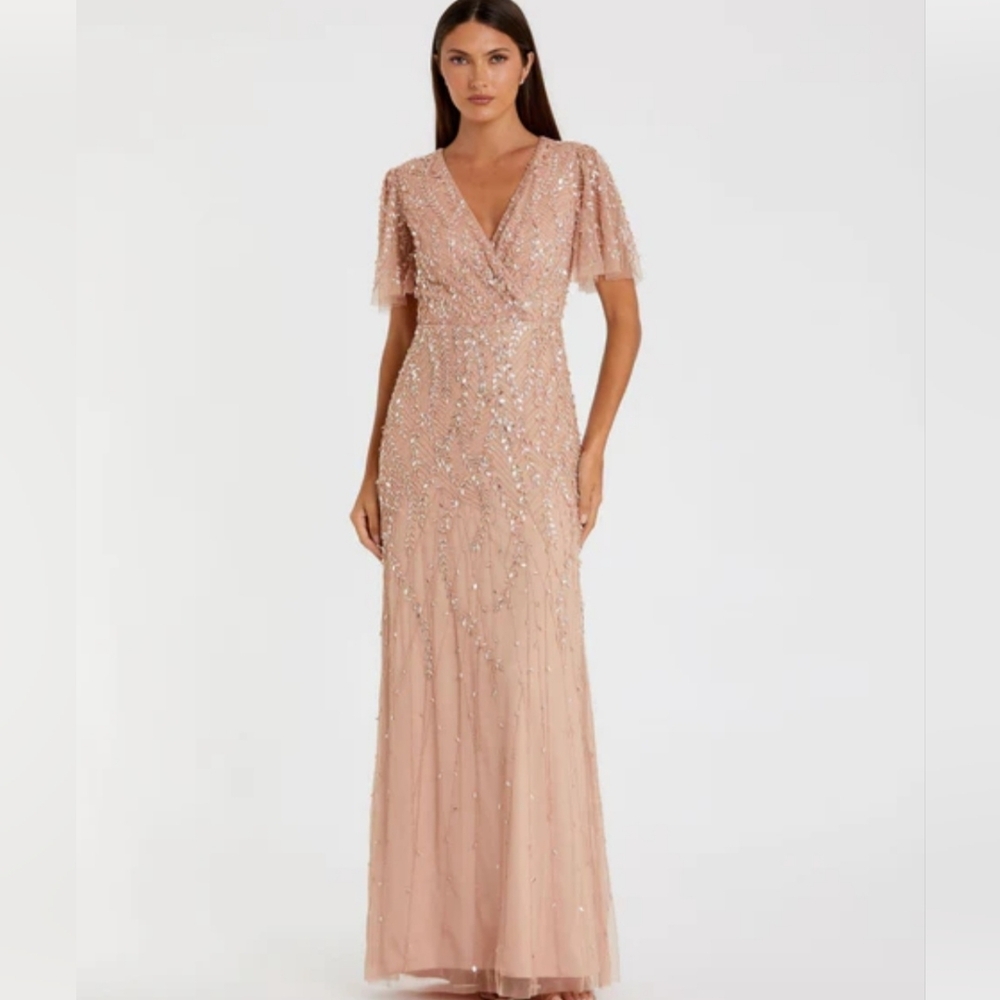 NWT Mac Duggal Beaded Leaves Embellished Flutter Sleeve Gown In Nude 12